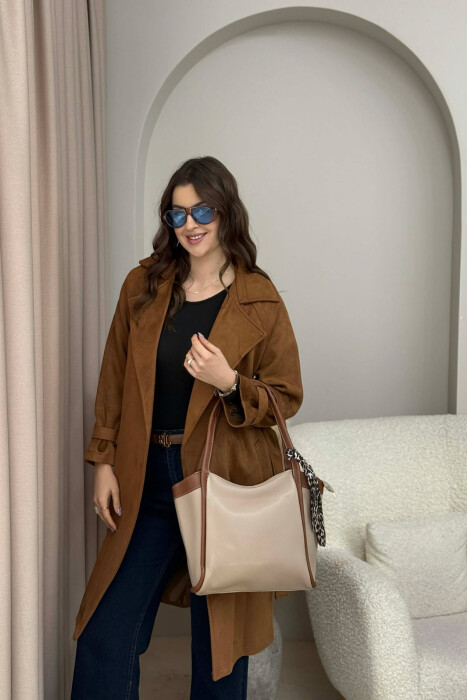 LEATHER SCARF DETAIL WOMEN BAG BEIGE+BROWN/BEZHE+KAFE - KLAUDIO FASHION