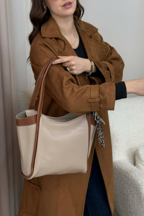 LEATHER SCARF DETAIL WOMEN BAG BEIGE+BROWN/BEZHE+KAFE - 4