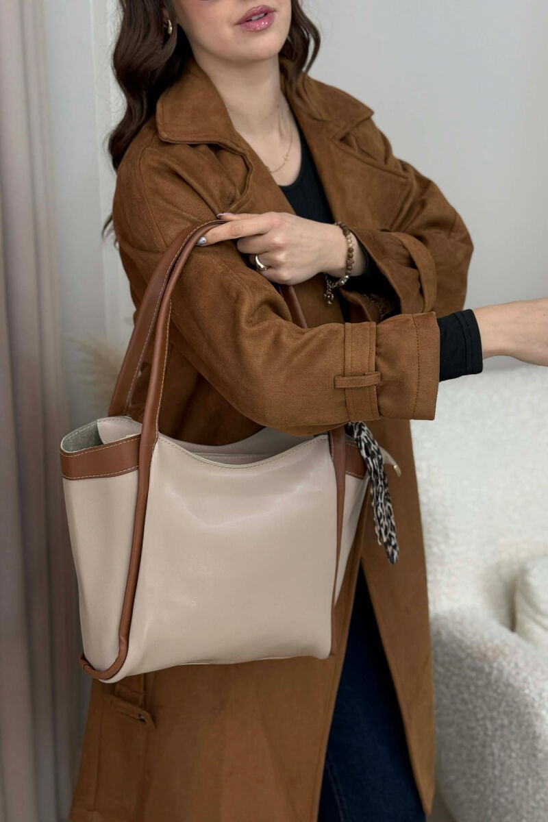 LEATHER SCARF DETAIL WOMEN BAG BEIGE+BROWN/BEZHE+KAFE - 4