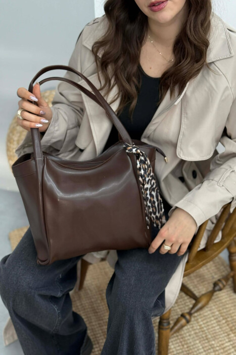LEATHER SCARF DETAIL WOMEN BAG BROWN/KAFE 