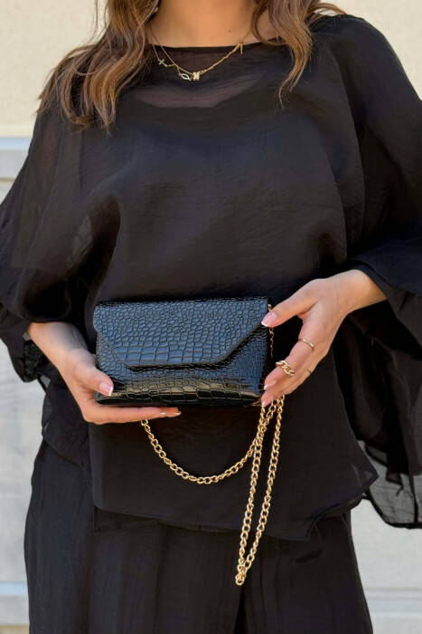 LEATHER SHINNY GOLD CHAIN WOMEN BAG BLACK/ E ZEZE - 1