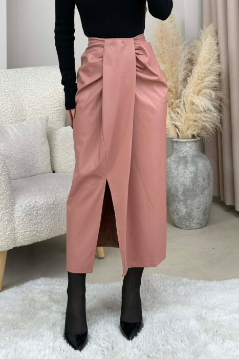 LEATHER SIMPLE LONG WOMEN SKIRT POWDER/PUDER - KLAUDIO FASHION