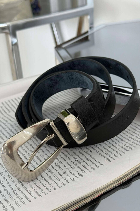 LEATHER SIMPLE ONE COLOR WOMEN BELT BLACK+SILVER/ZEZE+ARGJEND - KLAUDIO FASHION