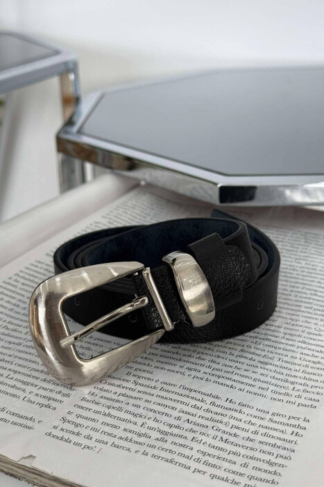 LEATHER SIMPLE ONE COLOR WOMEN BELT BLACK+SILVER/ZEZE+ARGJEND - 2