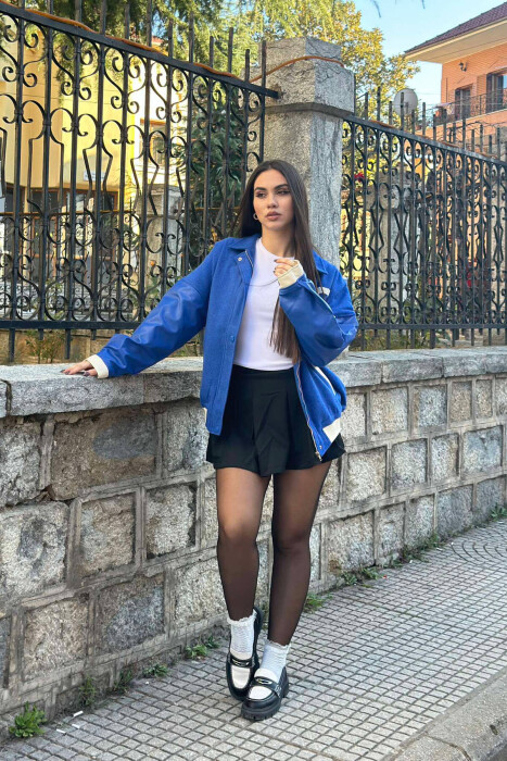 LEATHER SLEEVES S LOGO WOMEN JACKET IN BLUE COLOR 