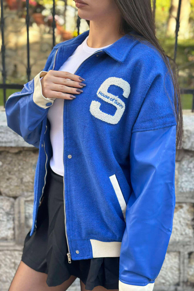 LEATHER SLEEVES S LOGO WOMEN JACKET IN BLUE COLOR - 3