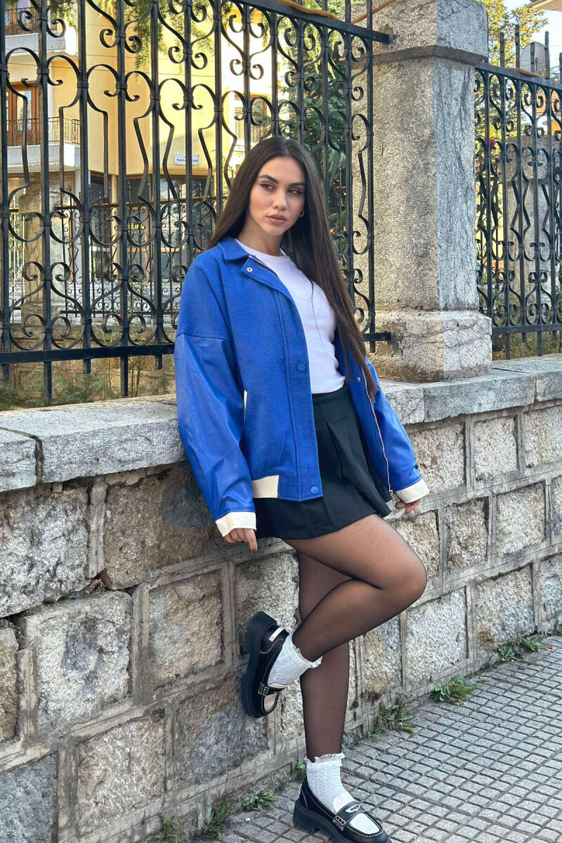 LEATHER SLEEVES S LOGO WOMEN JACKET IN BLUE COLOR - 4