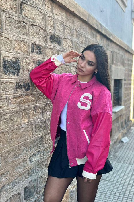 LEATHER SLEEVES S LOGO WOMEN JACKET IN PINK COLOR - 1