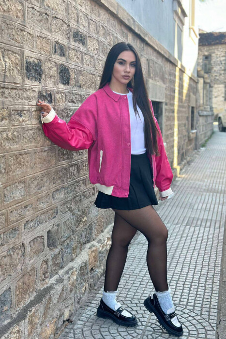 LEATHER SLEEVES S LOGO WOMEN JACKET IN PINK COLOR - 2