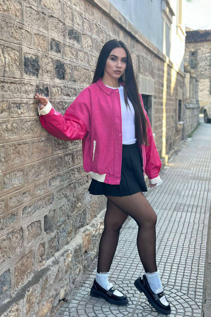 LEATHER SLEEVES S LOGO WOMEN JACKET IN PINK COLOR - 2