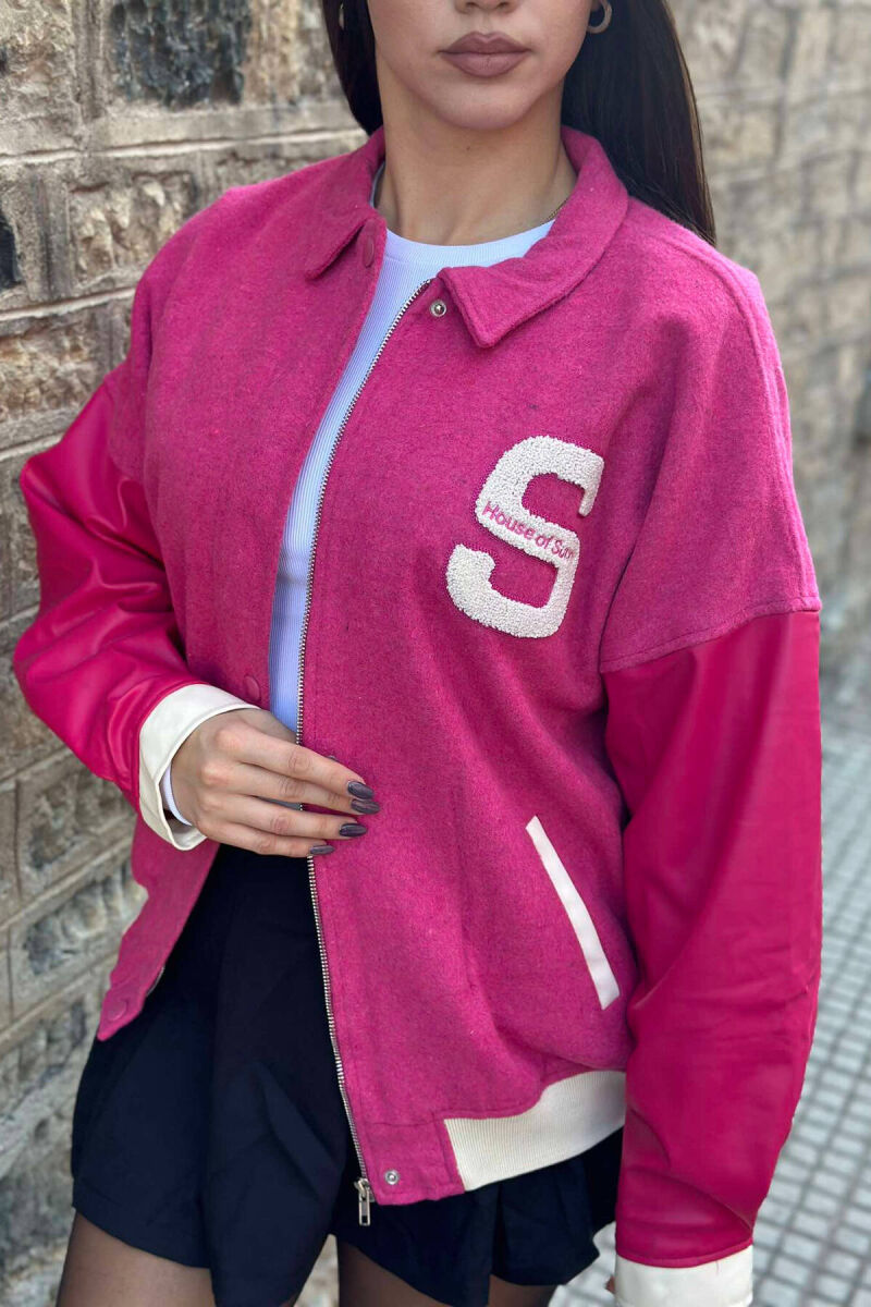 LEATHER SLEEVES S LOGO WOMEN JACKET IN PINK COLOR - 5