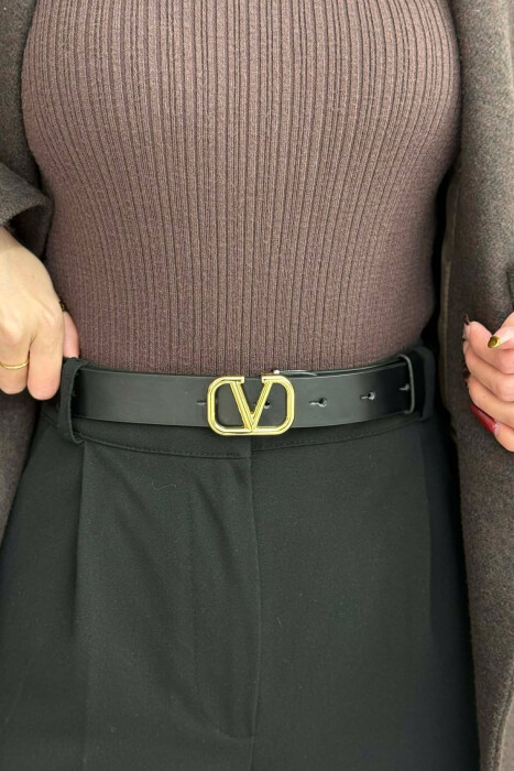 LEATHER V LOGO BUCKLE WOMEN BELT GOLDEN ROD/GOLD - 1
