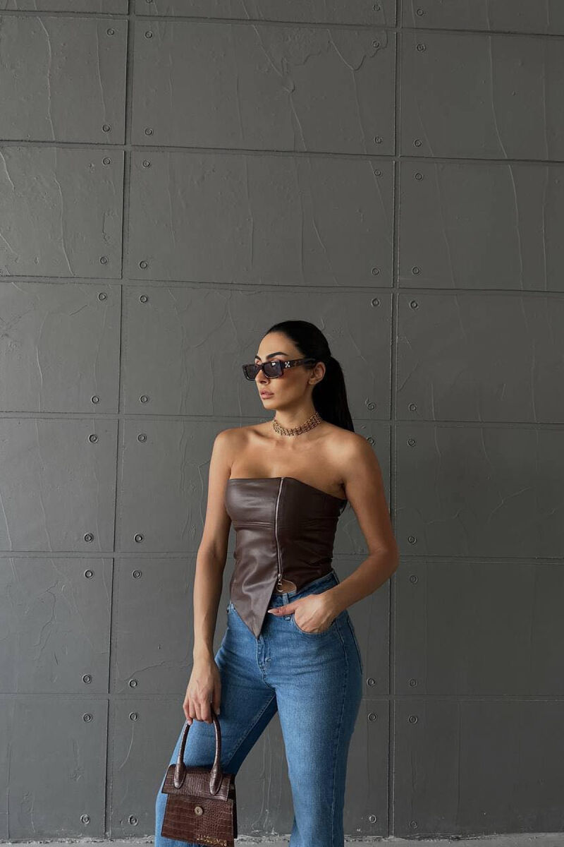 LEATHER WOMAN TANK TOP BROWN/KAFE - 5