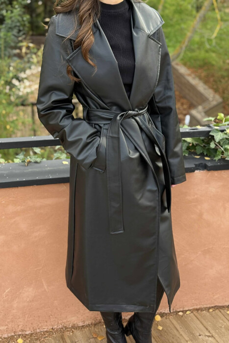 ONE COLOR LEATHER WOMEN COAT BLACK/ E ZEZE - 3