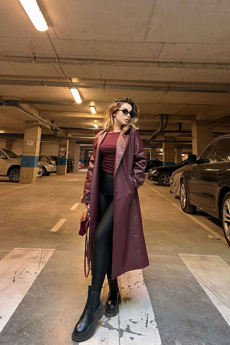 LEATHER WOMEN COAT IN BURGUNDY COLOR - 1