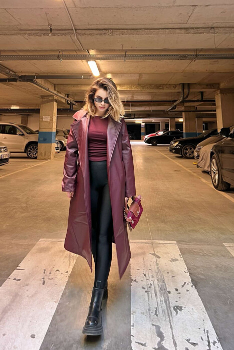 LEATHER WOMEN COAT IN BURGUNDY COLOR - 7