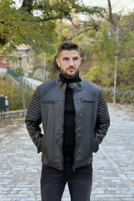 LEATHER ZIPPERS ONE COLOR MEN JACKET BLACK/ E ZEZE - KLAUDIO FASHION