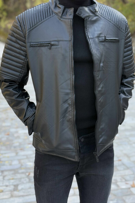 LEATHER ZIPPERS ONE COLOR MEN JACKET BLACK/ E ZEZE - 8
