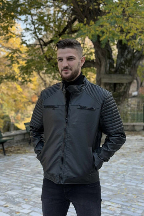 LEATHER ZIPPERS ONE COLOR MEN JACKET BLACK/ E ZEZE - 2