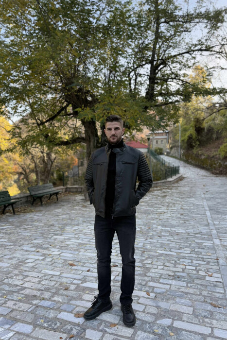 LEATHER ZIPPERS ONE COLOR MEN JACKET BLACK/ E ZEZE - 11