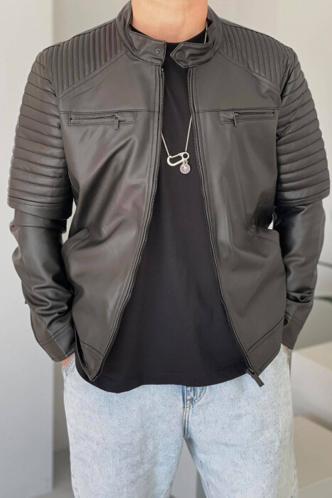 LEATHER ZIPPERS MEN JACKET IN BLACK COLOR - 2