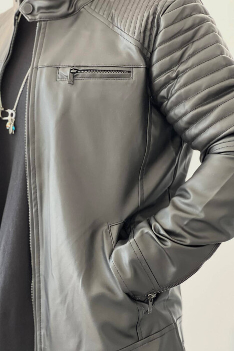 LEATHER ZIPPERS MEN JACKET IN BLACK COLOR - 5