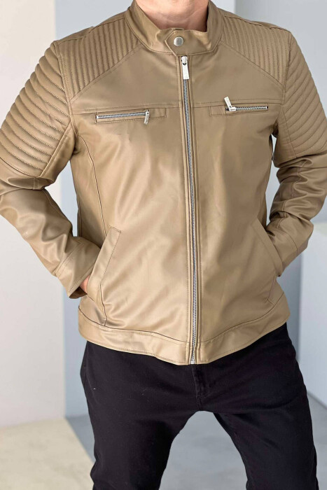 LEATHER ZIPPERS MEN JACKET IN LIGHT BROWN COLOR - 1