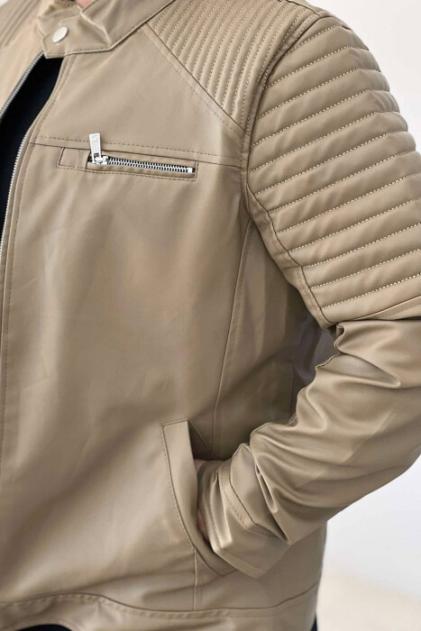 LEATHER ZIPPERS MEN JACKET IN LIGHT BROWN COLOR - 3