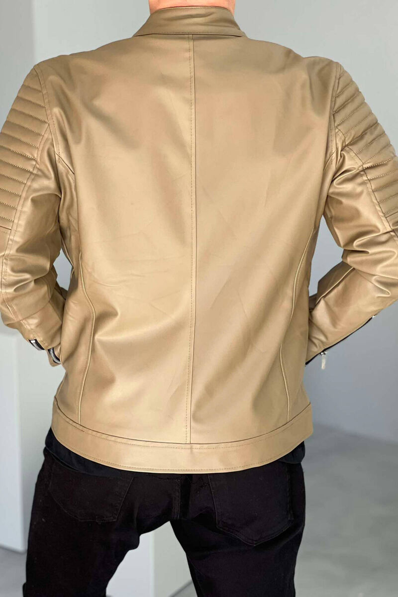 LEATHER ZIPPERS MEN JACKET IN LIGHT BROWN COLOR - 4