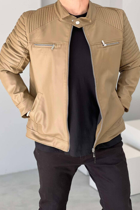 LEATHER ZIPPERS MEN JACKET IN LIGHT BROWN COLOR - 5