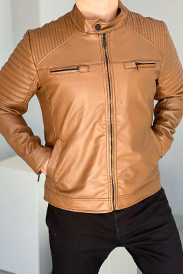 LEATHER ZIPPERS ONE COLOR MEN JACKET BROWN/KAFE 