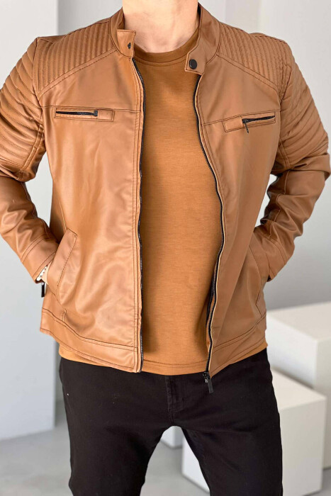 LEATHER ZIPPERS ONE COLOR MEN JACKET BROWN/KAFE - 3