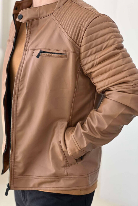 LEATHER ZIPPERS ONE COLOR MEN JACKET BROWN/KAFE - 5