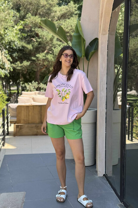 LEMONS FRONT DESIGN ROUND NECK WOMEN T-SHIRT BABY PINK/ROZB - 1