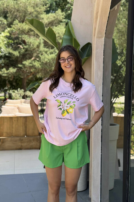 LEMONS FRONT DESIGN ROUND NECK WOMEN T-SHIRT BABY PINK/ROZB - 2