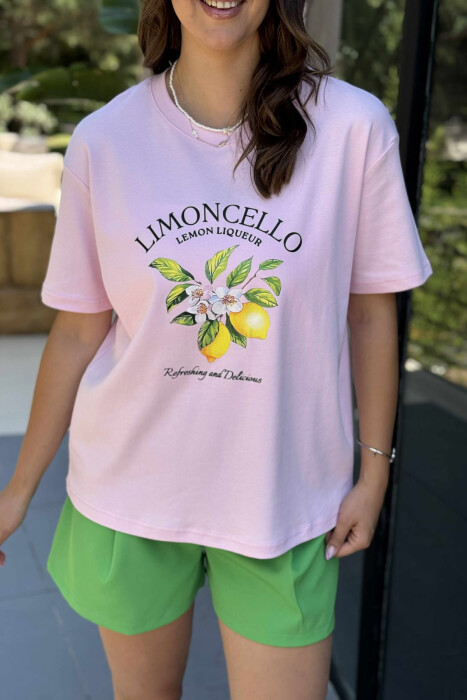 LEMONS FRONT DESIGN ROUND NECK WOMEN T-SHIRT BABY PINK/ROZB - 4