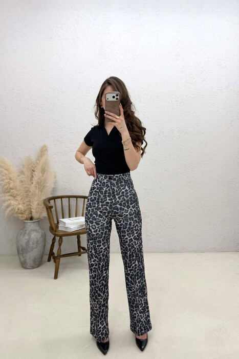PANTALLONA ME BEL GJYSEM ELASTIK ME DIZAJN LEOPARD PER FEMRA NE NGJYRE GRI TE ERRET - KLAUDIO FASHION