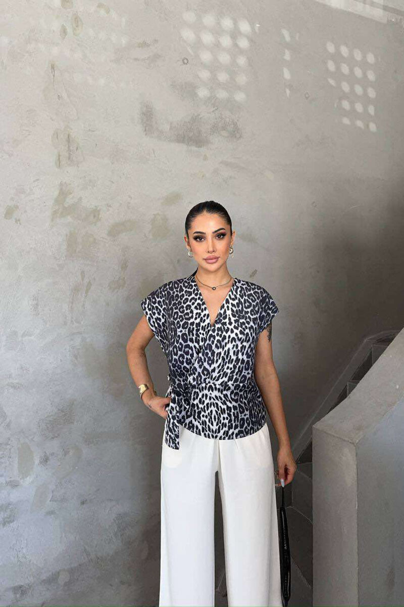 LEO PRINT LACING DETAILS WOMEN SHIRT DARK GREY/GEE - 1