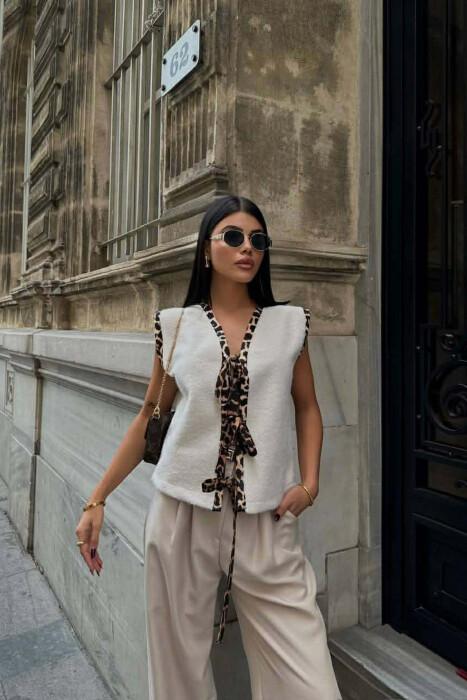 LEO PRINTS LACINGS WOOL WOMEN VEST CREAM/KREM - 4