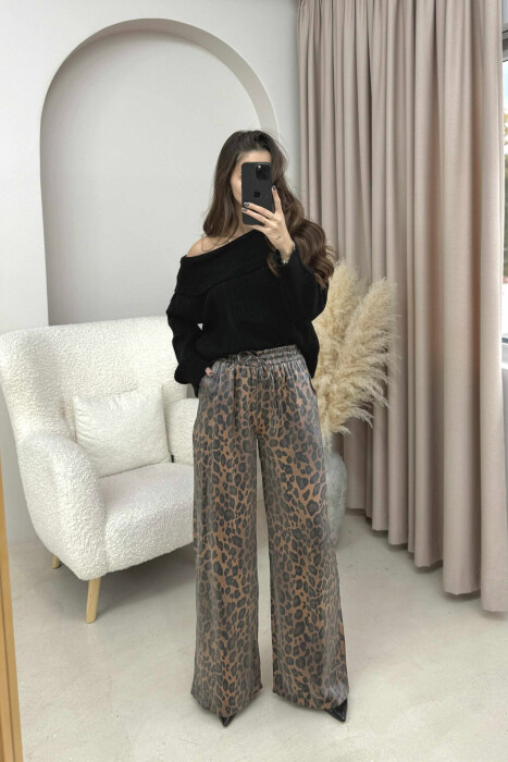 LEO SHINNY ELASTIC WAIST WOMEN TROUSERS LEO/LEOPARD - KLAUDIO FASHION