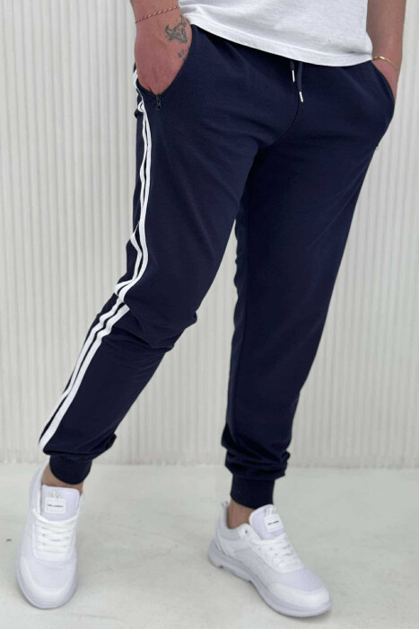 LINED SIMPLE MEN SWEATPANTS DARK BLUE/BEE - 3