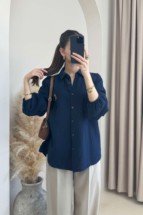 LINEN BEAR LOGO ONE COLOR WOMEN SHIRT DARK BLUE/BEE - 1