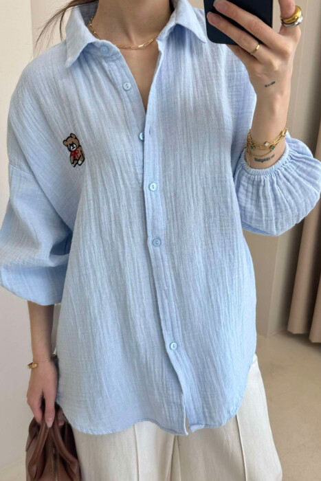 LINEN BEAR LOGO ONE COLOR WOMEN SHIRT LIGHTBLUE/BZ - 4