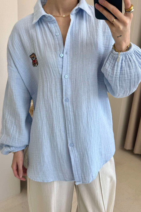 LINEN BEAR LOGO ONE COLOR WOMEN SHIRT LIGHTBLUE/BZ - 3