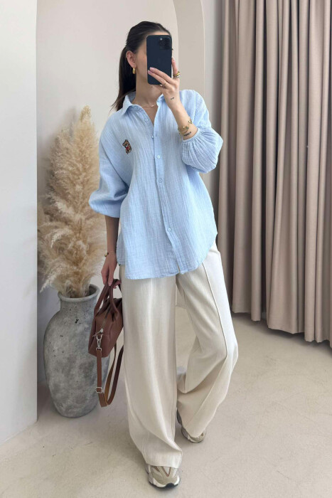 LINEN BEAR LOGO ONE COLOR WOMEN SHIRT LIGHTBLUE/BZ - 1