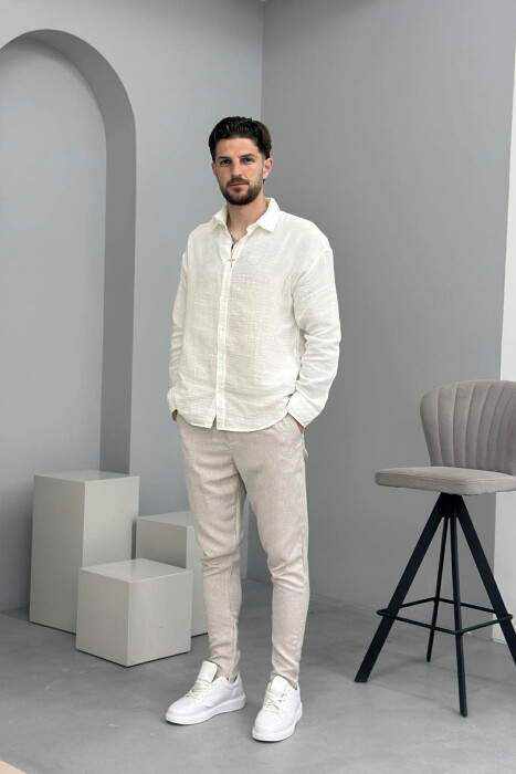 LINEN BLEND BELT DETAIL MEN PANTS BEIGE/BEZHE - KLAUDIO FASHION