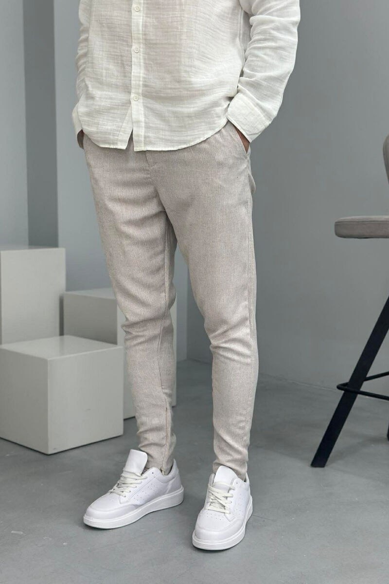 LINEN BLEND BELT DETAIL MEN PANTS BEIGE/BEZHE - 2