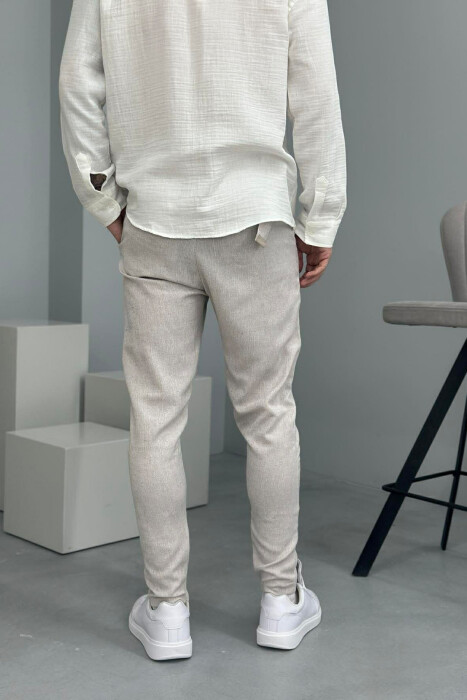 LINEN BLEND BELT DETAIL MEN PANTS BEIGE/BEZHE - 3