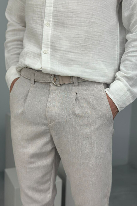 LINEN BLEND BELT DETAIL MEN PANTS BEIGE/BEZHE - 4
