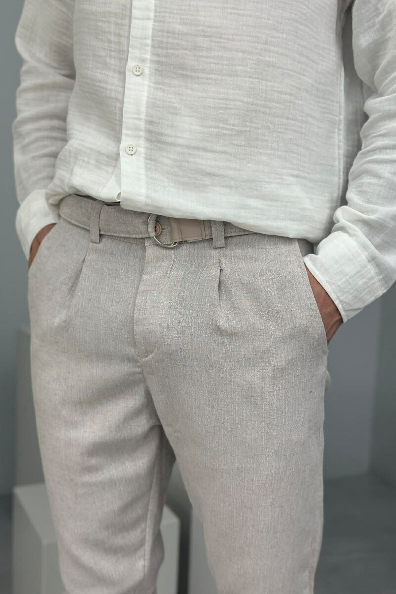 LINEN BLEND BELT DETAIL MEN PANTS BEIGE/BEZHE - 4